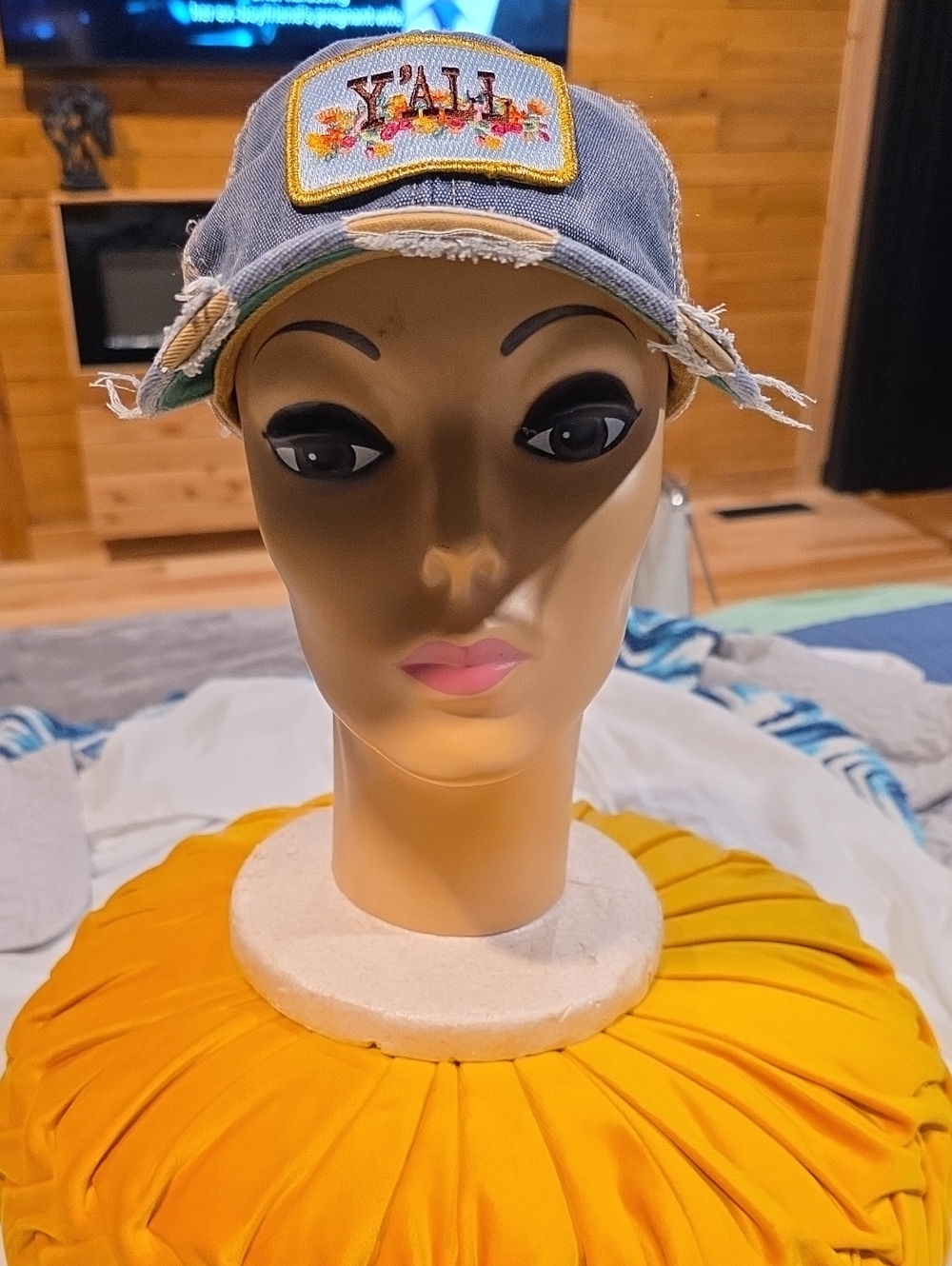 Distressed Denim Mesh Baseball Cap "Y'all"